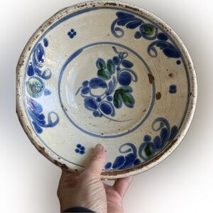Handcrafted Ceramic Bowl with Blue and Green Floral Design